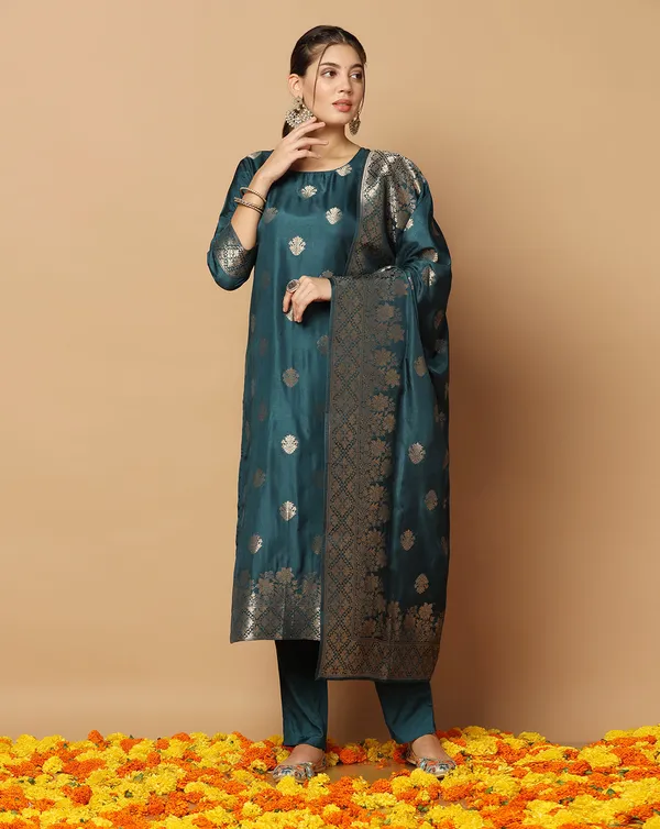 Teal_Blue_Jacquard_Kurta_And_Pant_Set_With_Dupatta