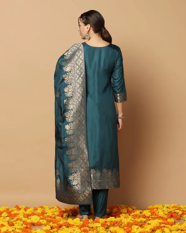 Teal_Blue_Jacquard_Kurta_And_Pant_Set_With_Dupatta