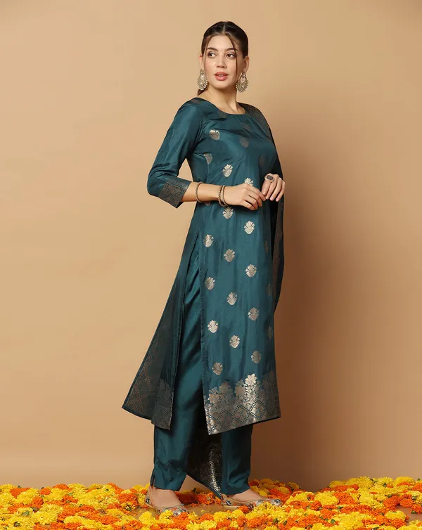Teal_Blue_Jacquard_Kurta_And_Pant_Set_With_Dupatta