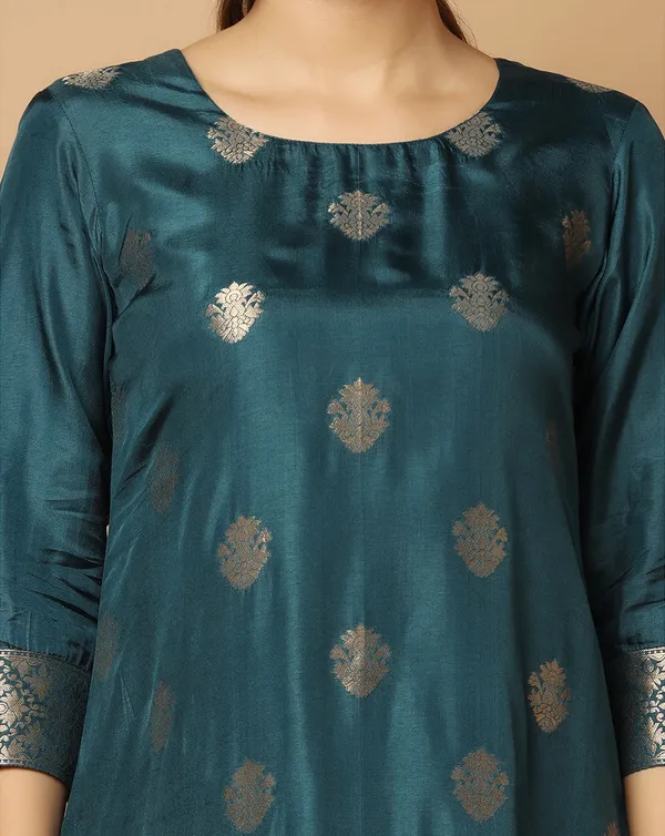 Teal_Blue_Jacquard_Kurta_And_Pant_Set_With_Dupatta