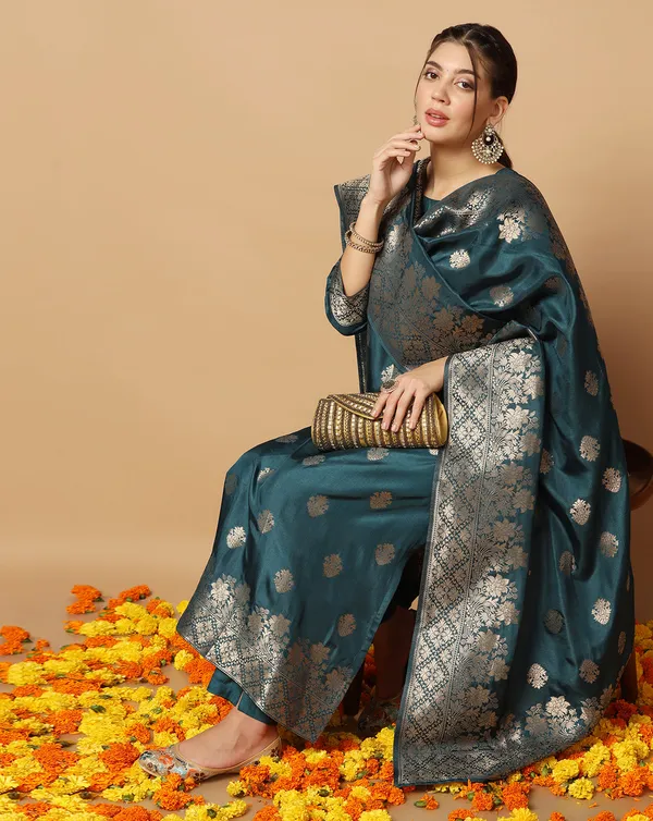 Teal_Blue_Jacquard_Kurta_And_Pant_Set_With_Dupatta