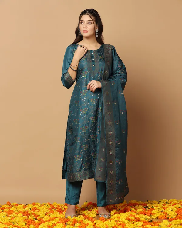 Teal_Blue_Jacquard_Kurta_Set_With_Dupatta_For_Women