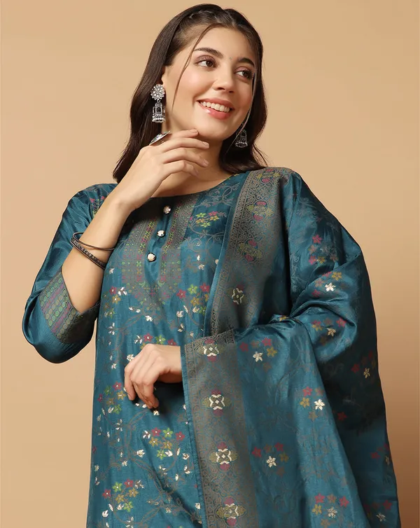 Teal_Blue_Jacquard_Kurta_Set_With_Dupatta_For_Women