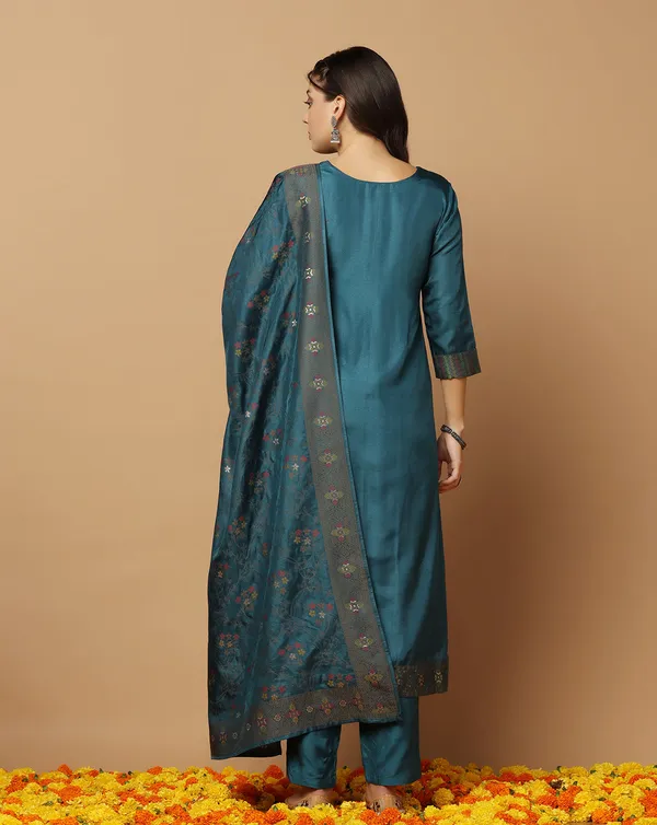 Teal_Blue_Jacquard_Kurta_Set_With_Dupatta_For_Women