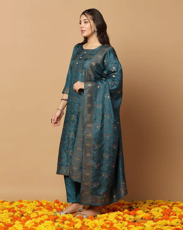 Teal_Blue_Jacquard_Kurta_Set_With_Dupatta_For_Women