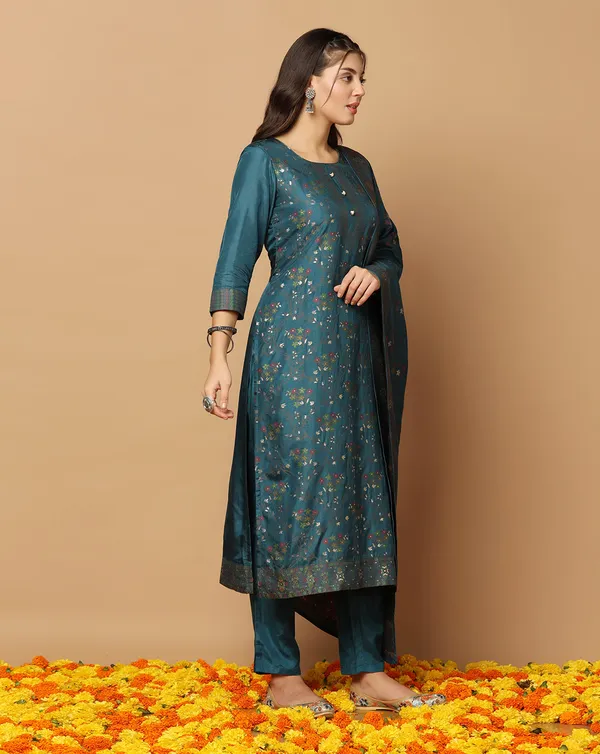 Teal_Blue_Jacquard_Kurta_Set_With_Dupatta_For_Women