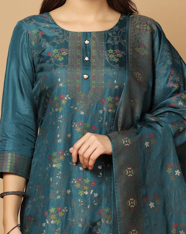 Teal_Blue_Jacquard_Kurta_Set_With_Dupatta_For_Women