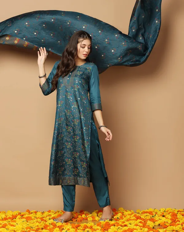 Teal_Blue_Jacquard_Kurta_Set_With_Dupatta_For_Women