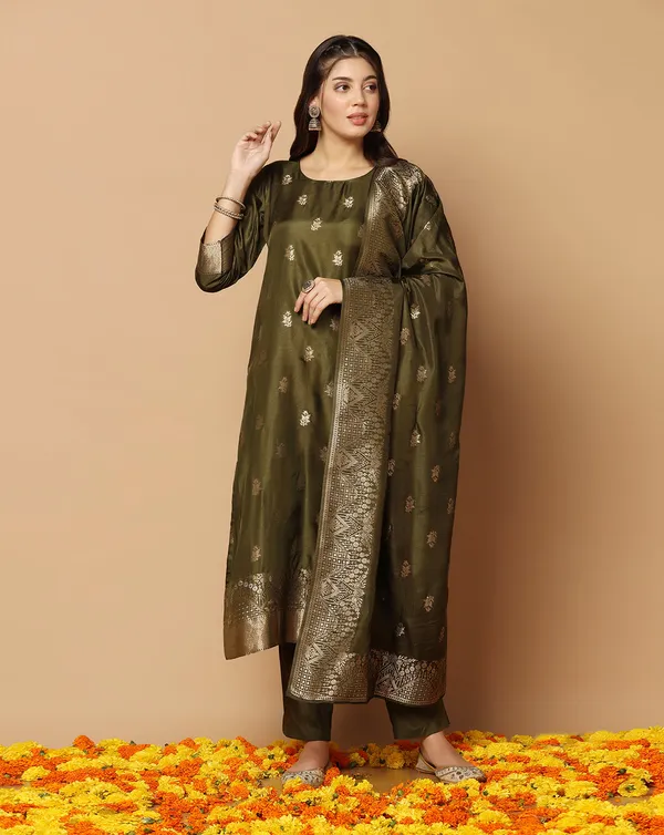 Mehndi_Jacquard_Kurta_And_Pant_Set_With_Dupatta