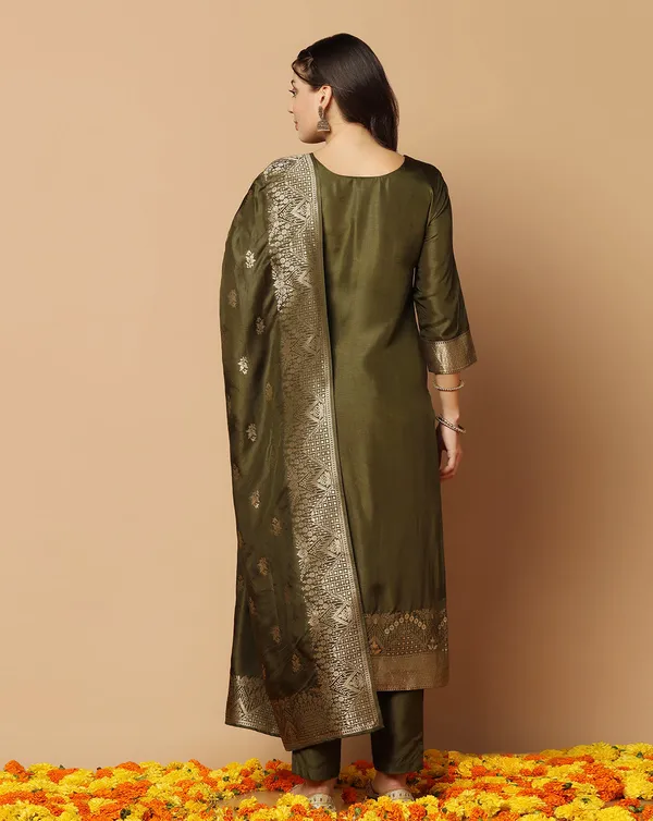 Mehndi_Jacquard_Kurta_And_Pant_Set_With_Dupatta