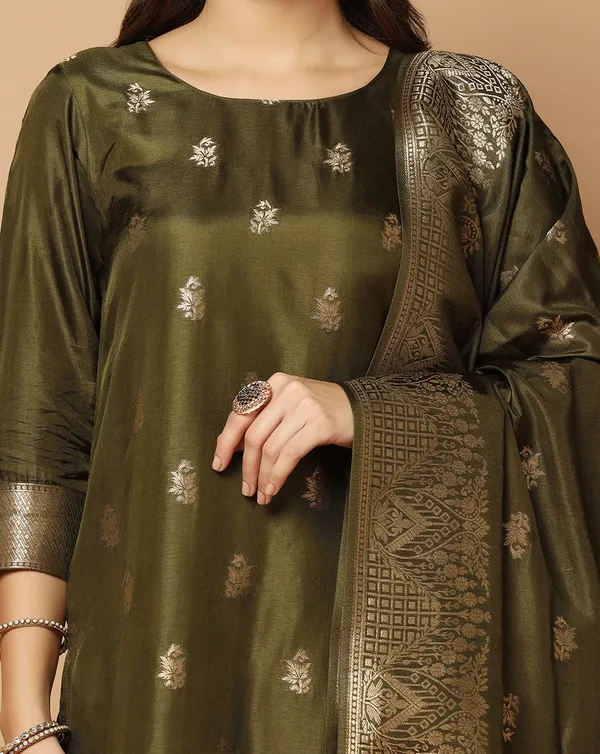 Mehndi_Jacquard_Kurta_And_Pant_Set_With_Dupatta