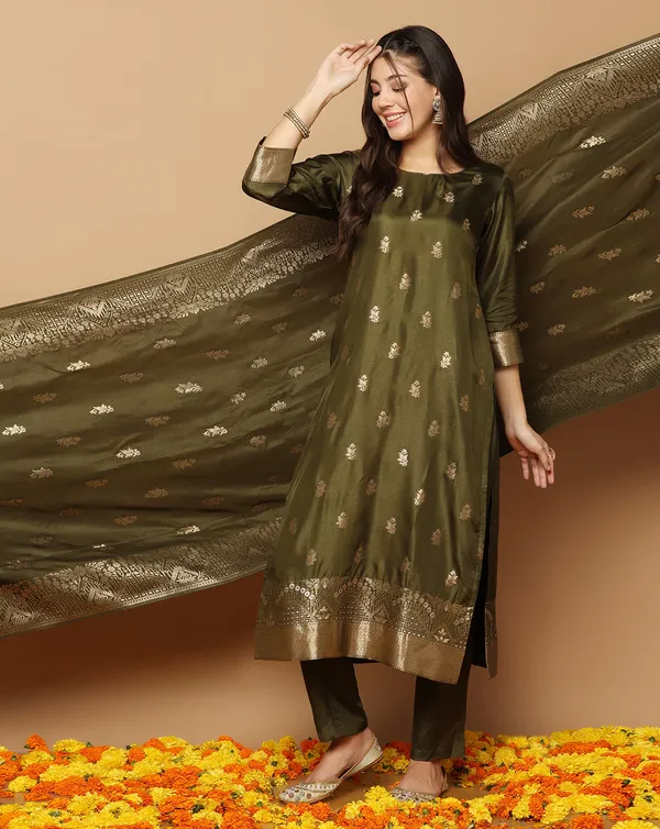 Mehndi_Jacquard_Kurta_And_Pant_Set_With_Dupatta