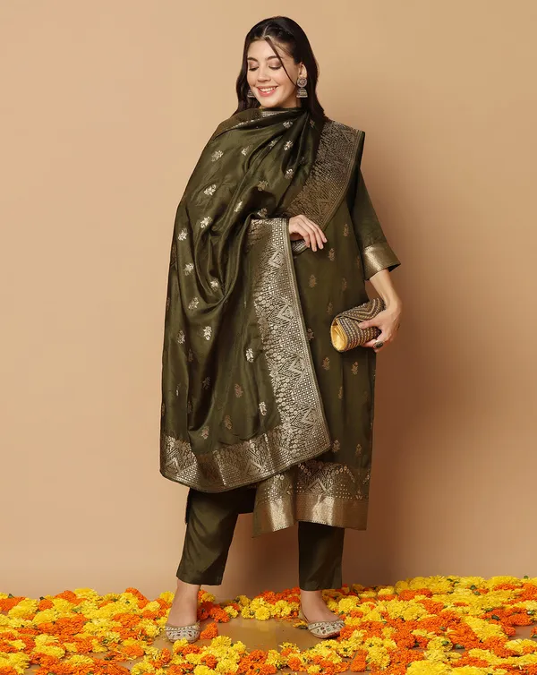 Mehndi_Jacquard_Kurta_And_Pant_Set_With_Dupatta