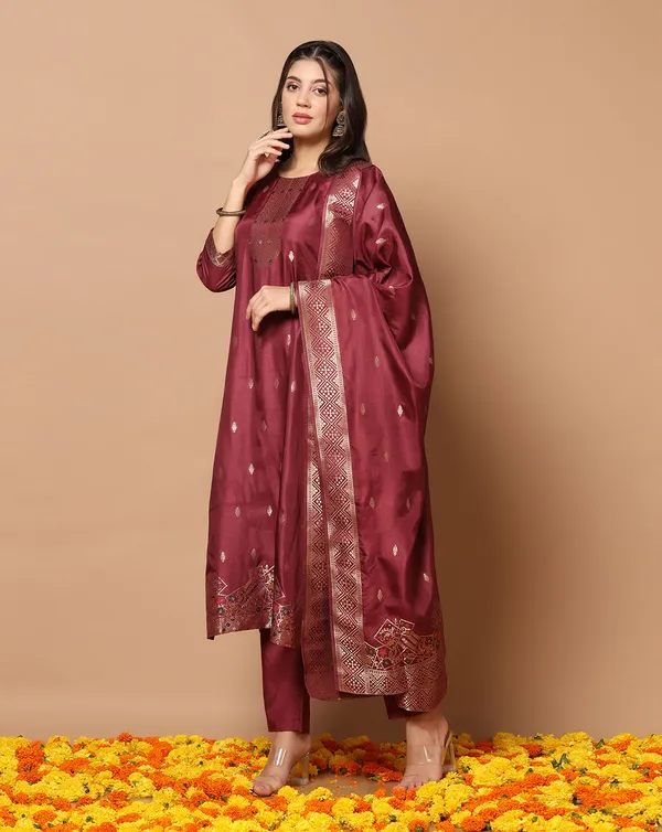 Wine_Jacquard_Kurta_And_Pant_Set_With_Dupatta