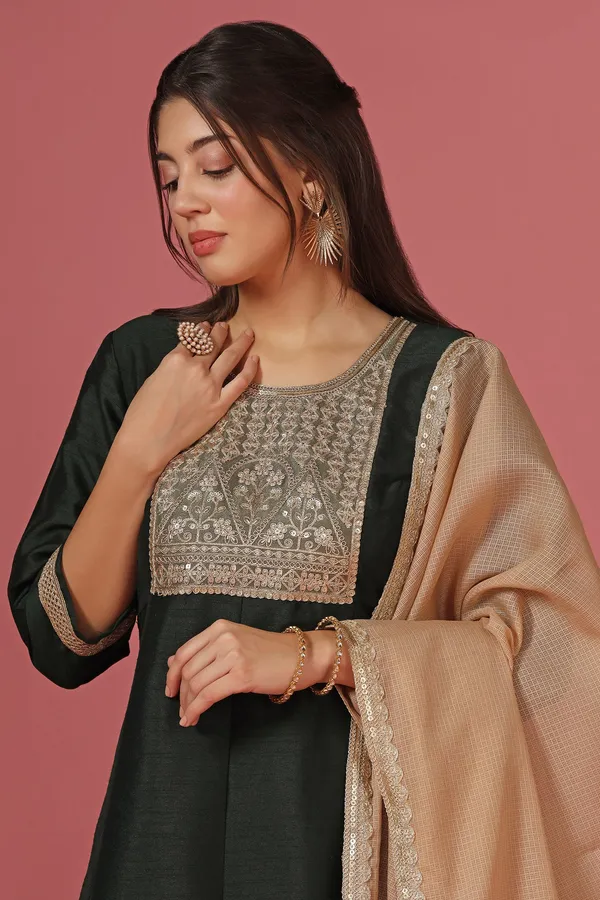 Dark_Green_Embroidered_Kurta_And_Pant_Set_With_Dupatta