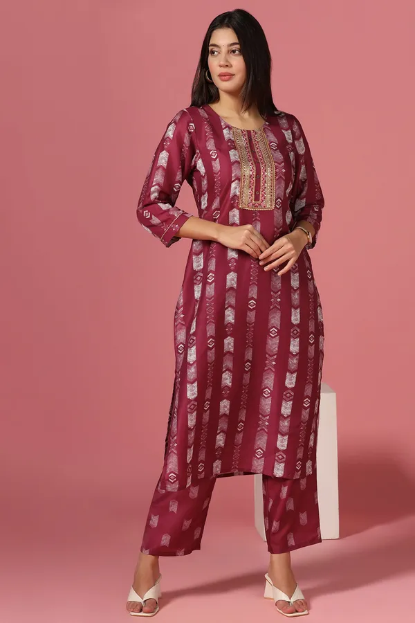 Wine_Poly_Muslin_Printed_Kurta_And_Pant_Set