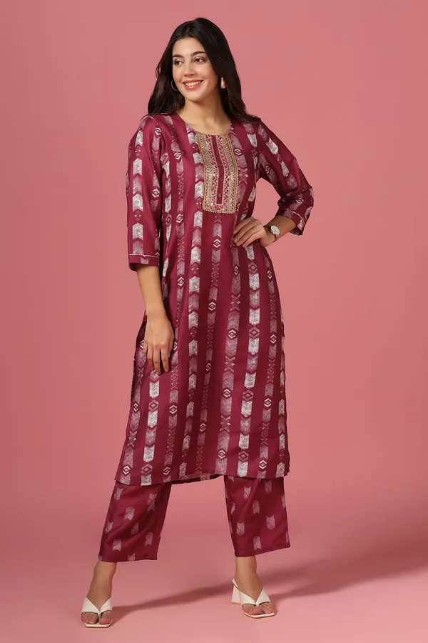 Wine_Poly_Muslin_Printed_Kurta_And_Pant_Set