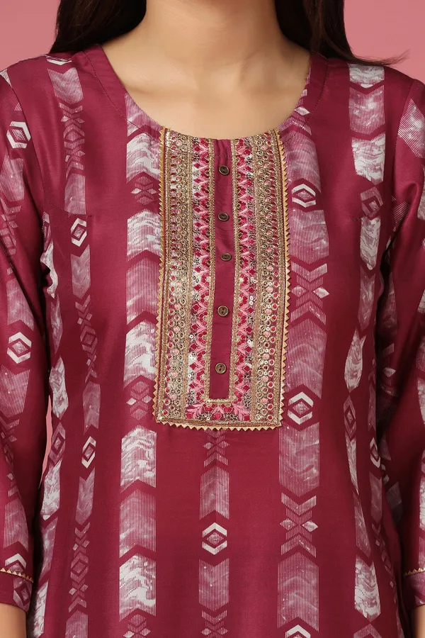 Wine_Poly_Muslin_Printed_Kurta_And_Pant_Set