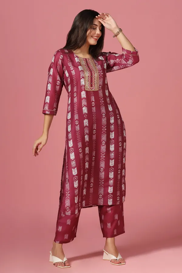 Wine_Poly_Muslin_Printed_Kurta_And_Pant_Set