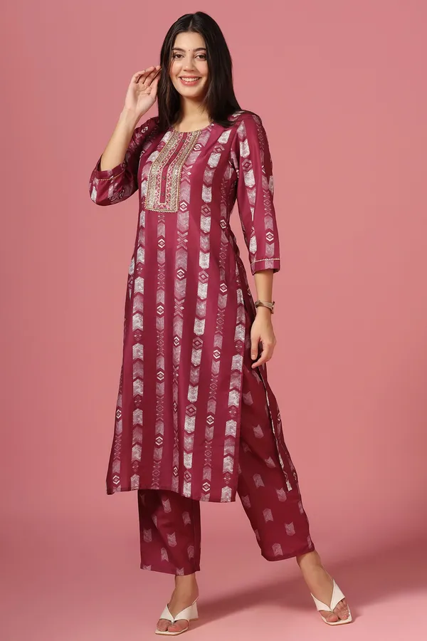 Wine_Poly_Muslin_Printed_Kurta_And_Pant_Set