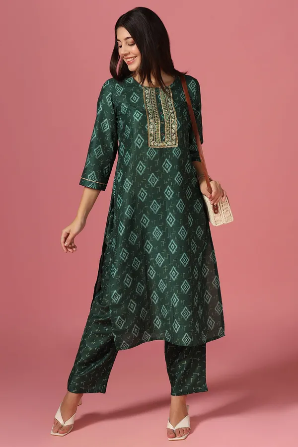 Bottle_Green_Poly_Muslin_Printed_Kurta_And_Pant_Set