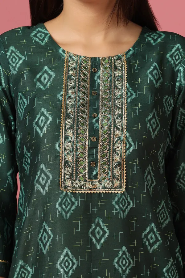 Bottle_Green_Poly_Muslin_Printed_Kurta_And_Pant_Set