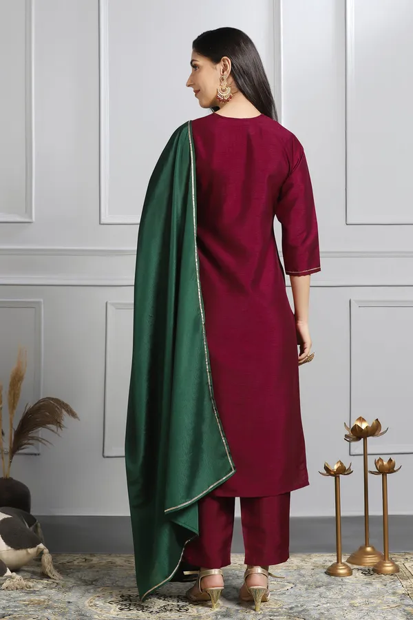 Maroon_Embroidered_Kurta_With_Pant_And_Dupatta_Set