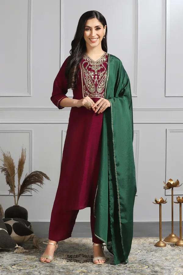 Maroon_Embroidered_Kurta_With_Pant_And_Dupatta_Set