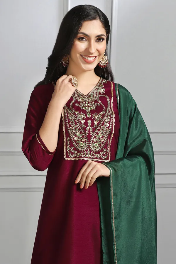 Maroon_Embroidered_Kurta_With_Pant_And_Dupatta_Set