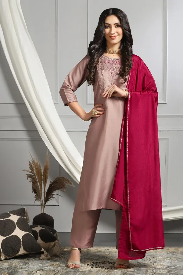 Chikoo_Embroidered_Kurta_With_Pant_And_Dupatta_Set