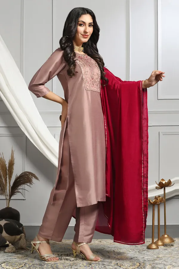 Chikoo_Embroidered_Kurta_With_Pant_And_Dupatta_Set