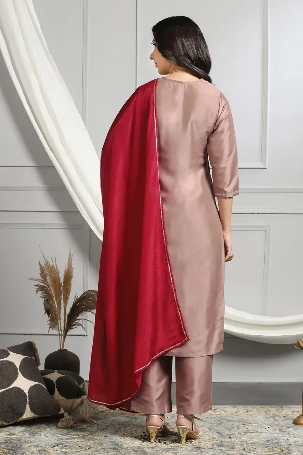 Chikoo_Embroidered_Kurta_With_Pant_And_Dupatta_Set