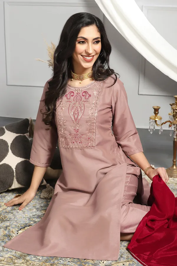 Chikoo_Embroidered_Kurta_With_Pant_And_Dupatta_Set