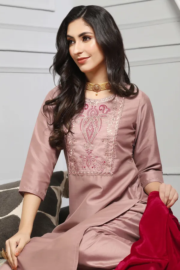 Chikoo_Embroidered_Kurta_With_Pant_And_Dupatta_Set
