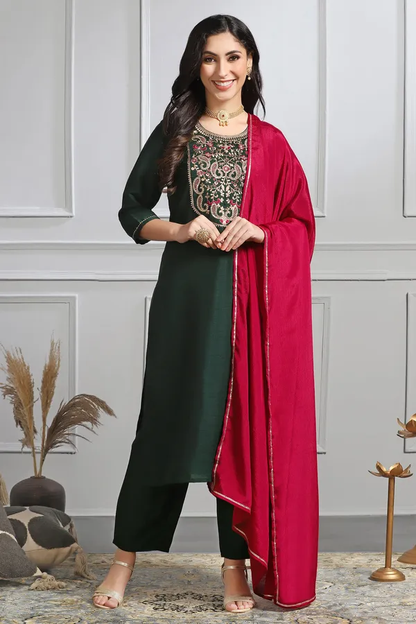 Bottle_Green_Embroidered_Kurta_With_Pant_And_Dupatta_Set