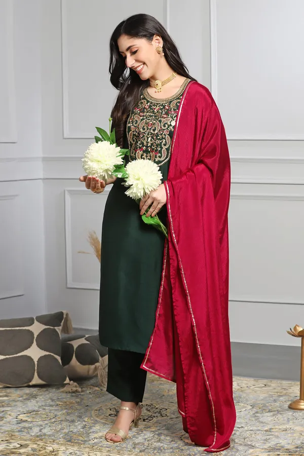 Bottle_Green_Embroidered_Kurta_With_Pant_And_Dupatta_Set