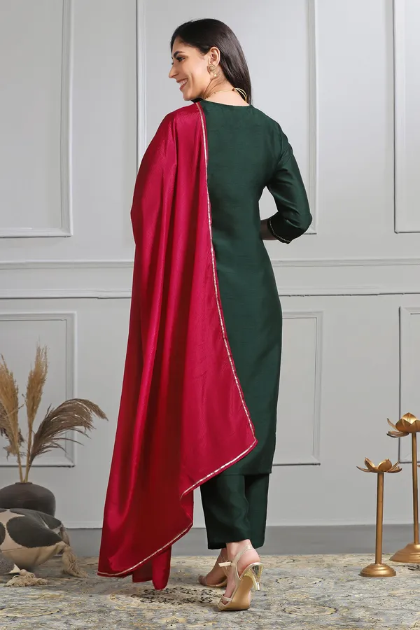 Bottle_Green_Embroidered_Kurta_With_Pant_And_Dupatta_Set