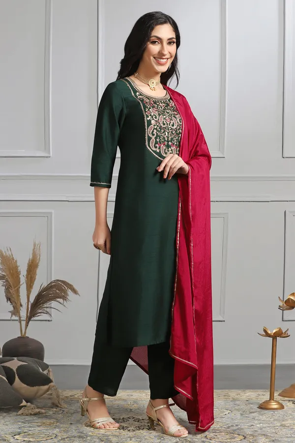 Bottle_Green_Embroidered_Kurta_With_Pant_And_Dupatta_Set