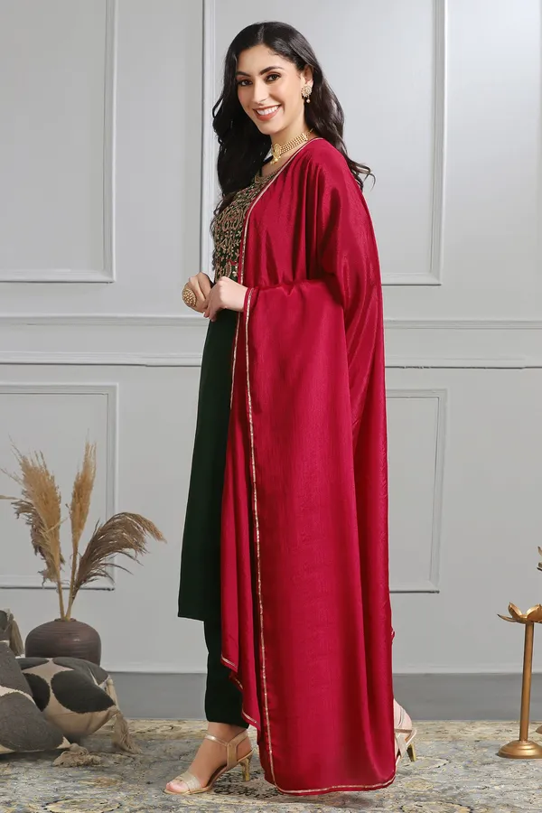 Bottle_Green_Embroidered_Kurta_With_Pant_And_Dupatta_Set