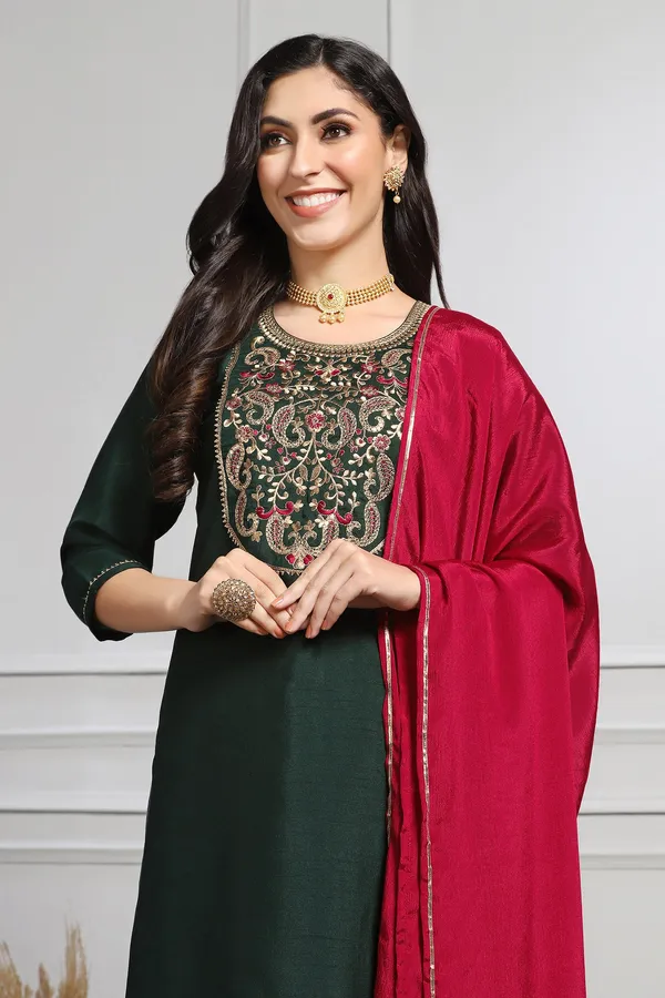 Bottle_Green_Embroidered_Kurta_With_Pant_And_Dupatta_Set