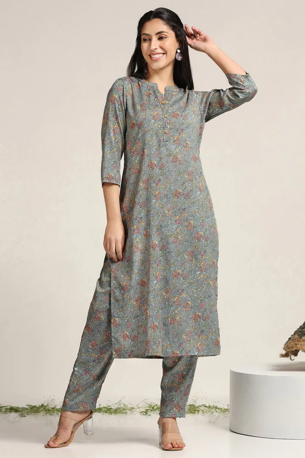 Grey_Floral_Print_Kurta_With_Pant_Set