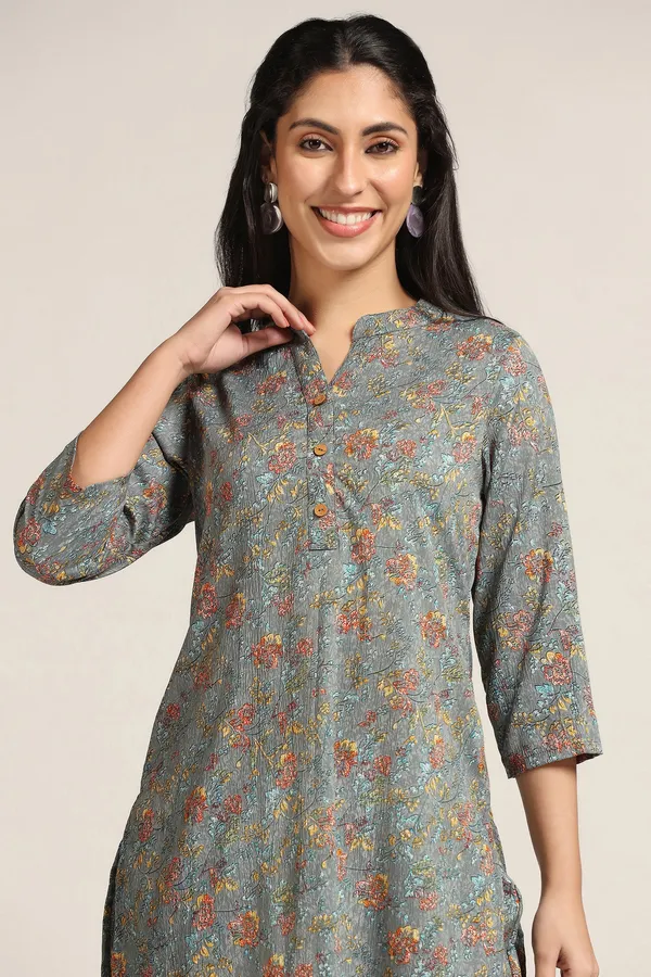 Grey_Floral_Print_Kurta_With_Pant_Set