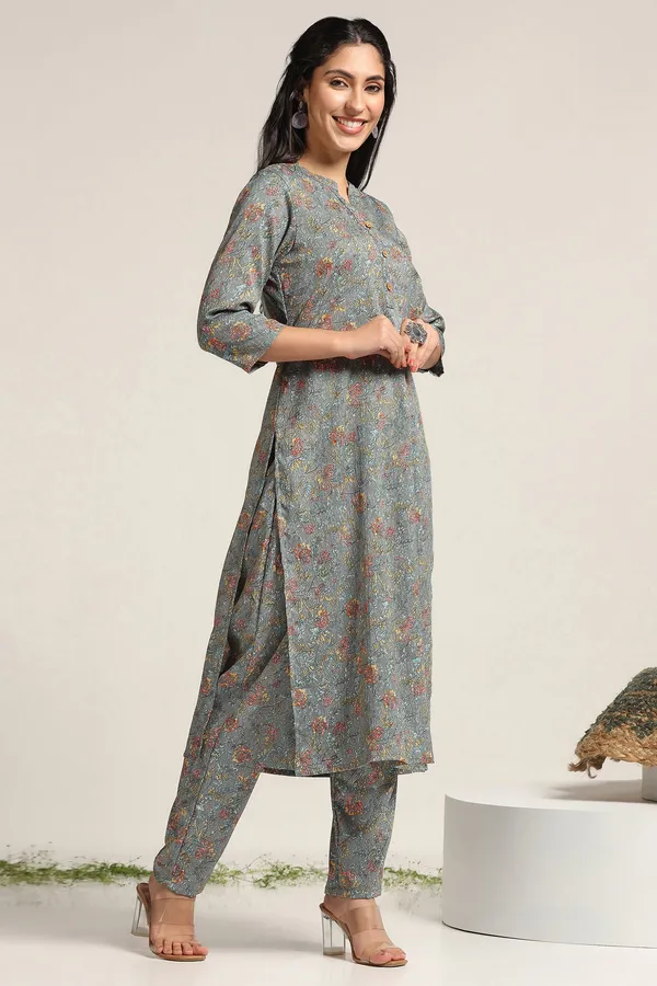 Grey_Floral_Print_Kurta_With_Pant_Set