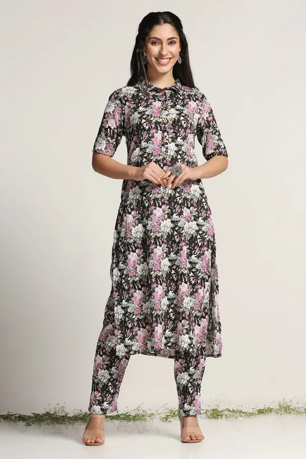 Black_Floral_Print_Kurta_With_Pant_Set