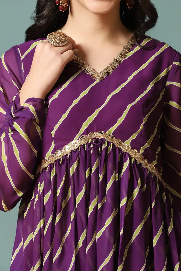 Dark_Purple_Georgette_Leheriya_Printed_Kurta_With_Pant_Set