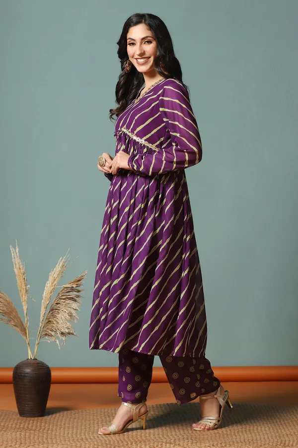 Dark_Purple_Georgette_Leheriya_Printed_Kurta_With_Pant_Set