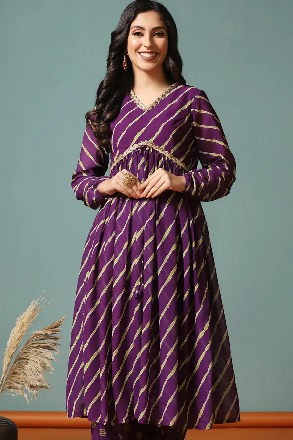 Dark_Purple_Georgette_Leheriya_Printed_Kurta_With_Pant_Set