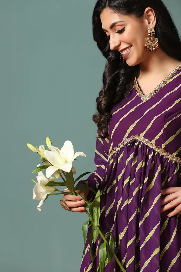 Dark_Purple_Georgette_Leheriya_Printed_Kurta_With_Pant_Set