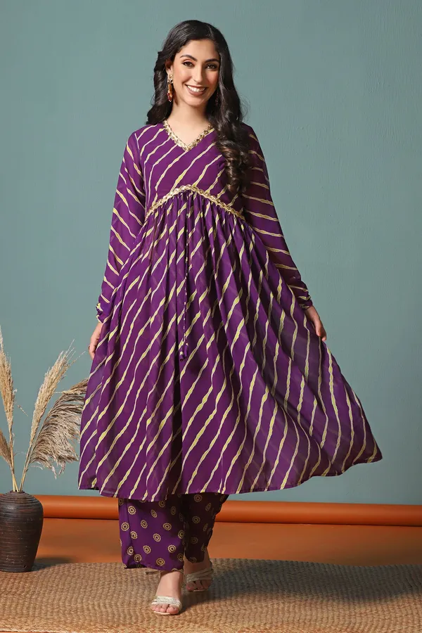 Dark_Purple_Georgette_Leheriya_Printed_Kurta_With_Pant_Set