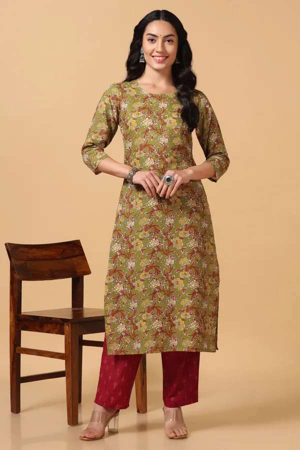 Olive_Cotton_Ankle_Length_Kurta_Pant_Suit_Set